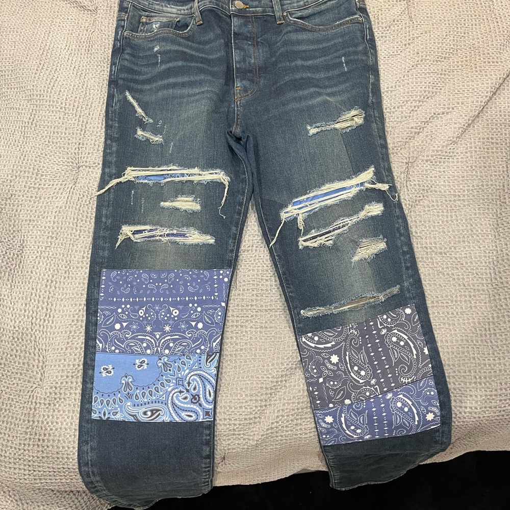 Amiri Blue Bandana Patch Skinny Jeans (Sz 38)